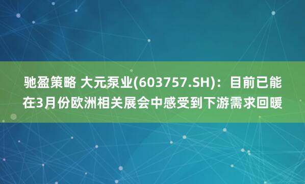 驰盈策略 大元泵业(603757.SH)：目前已能在3月份欧洲相关展会中感受到下游需求回暖